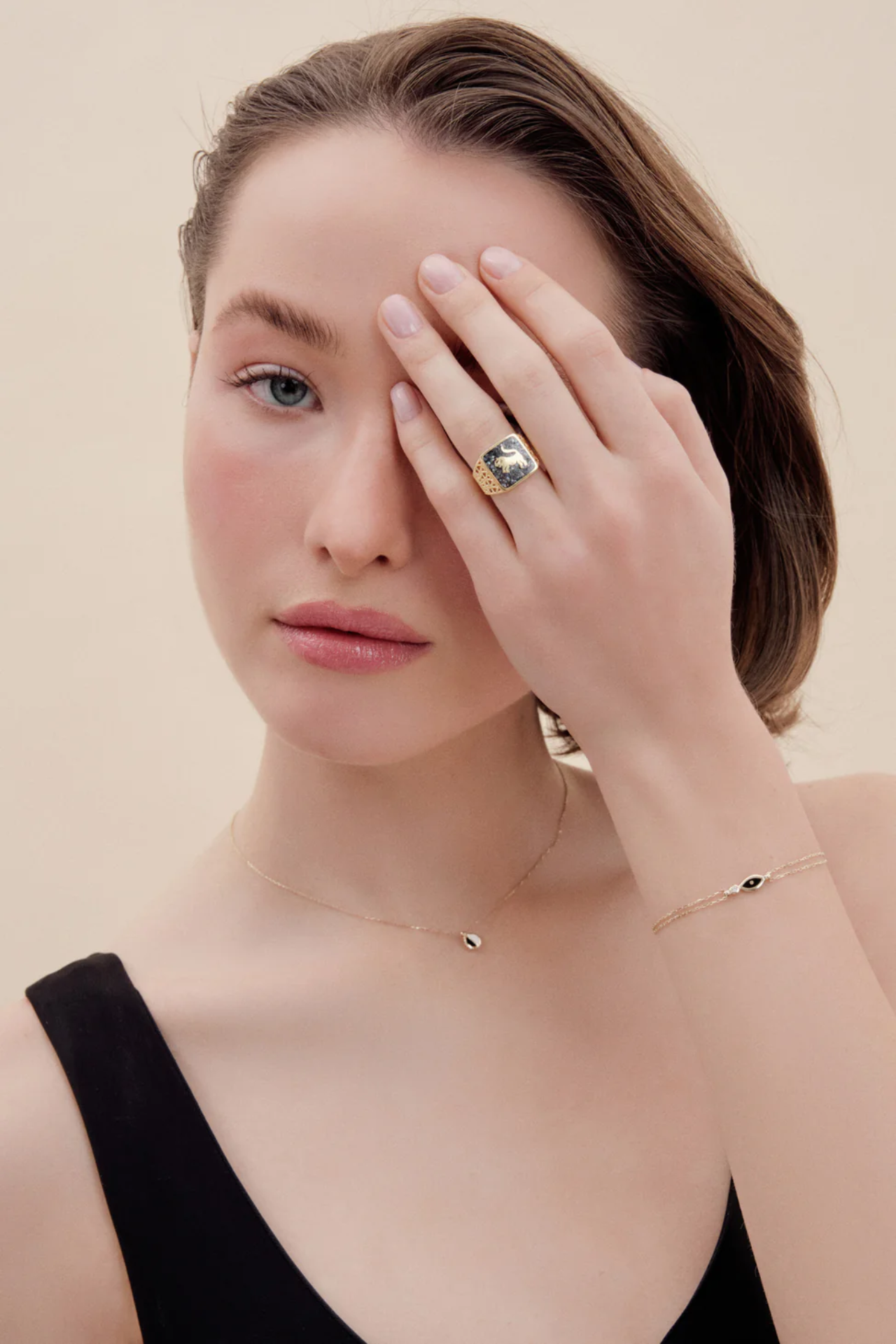 Siyah İnci Aslan Telkari Unisex Yüzük resmi