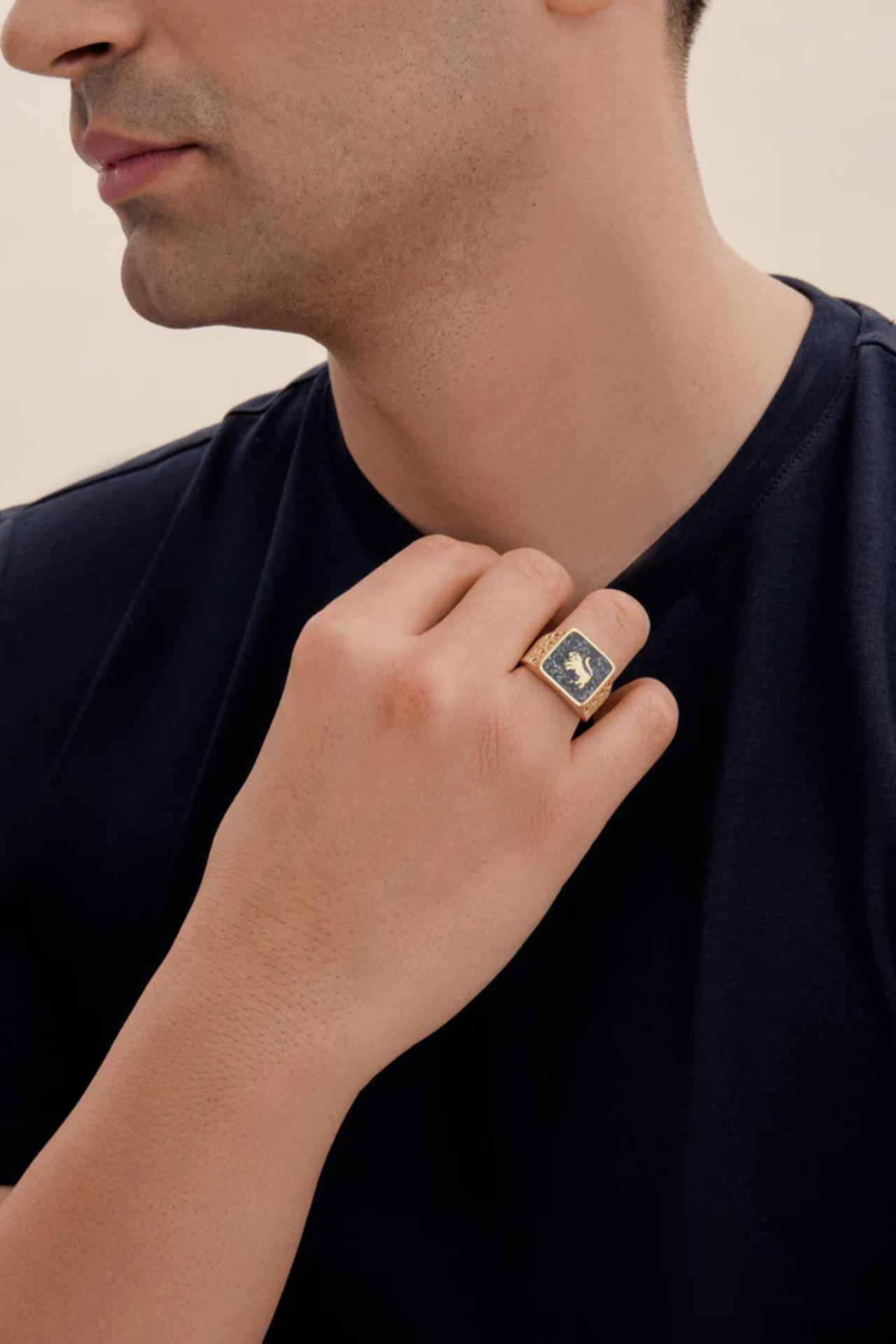 Siyah İnci Aslan Telkari Unisex Yüzük resmi