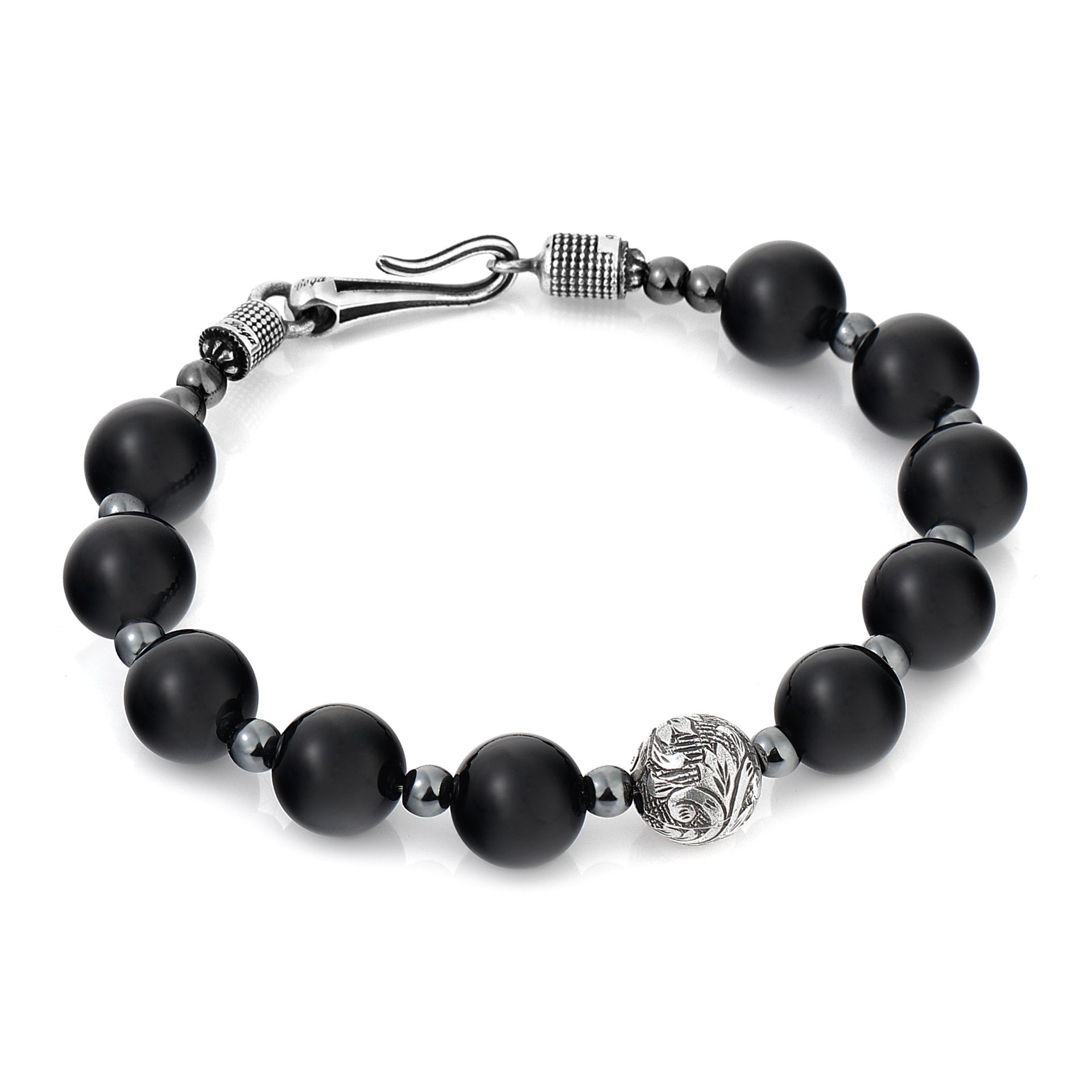 Engraved Oniks Taşlı Erkek Gümüş Bileklik resmi