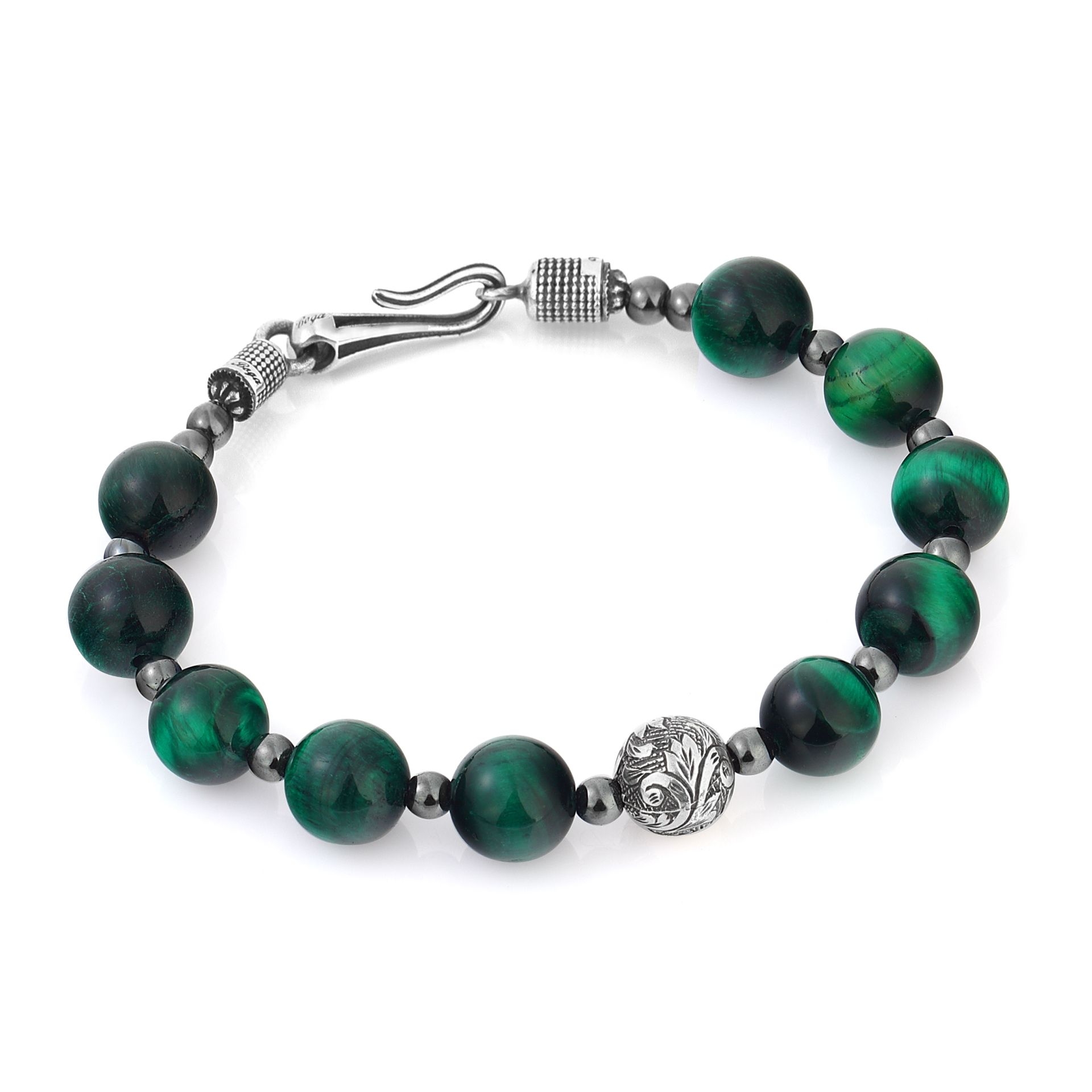 Engraved Tiger Eye Green Erkek Gümüş Bileklik resmi