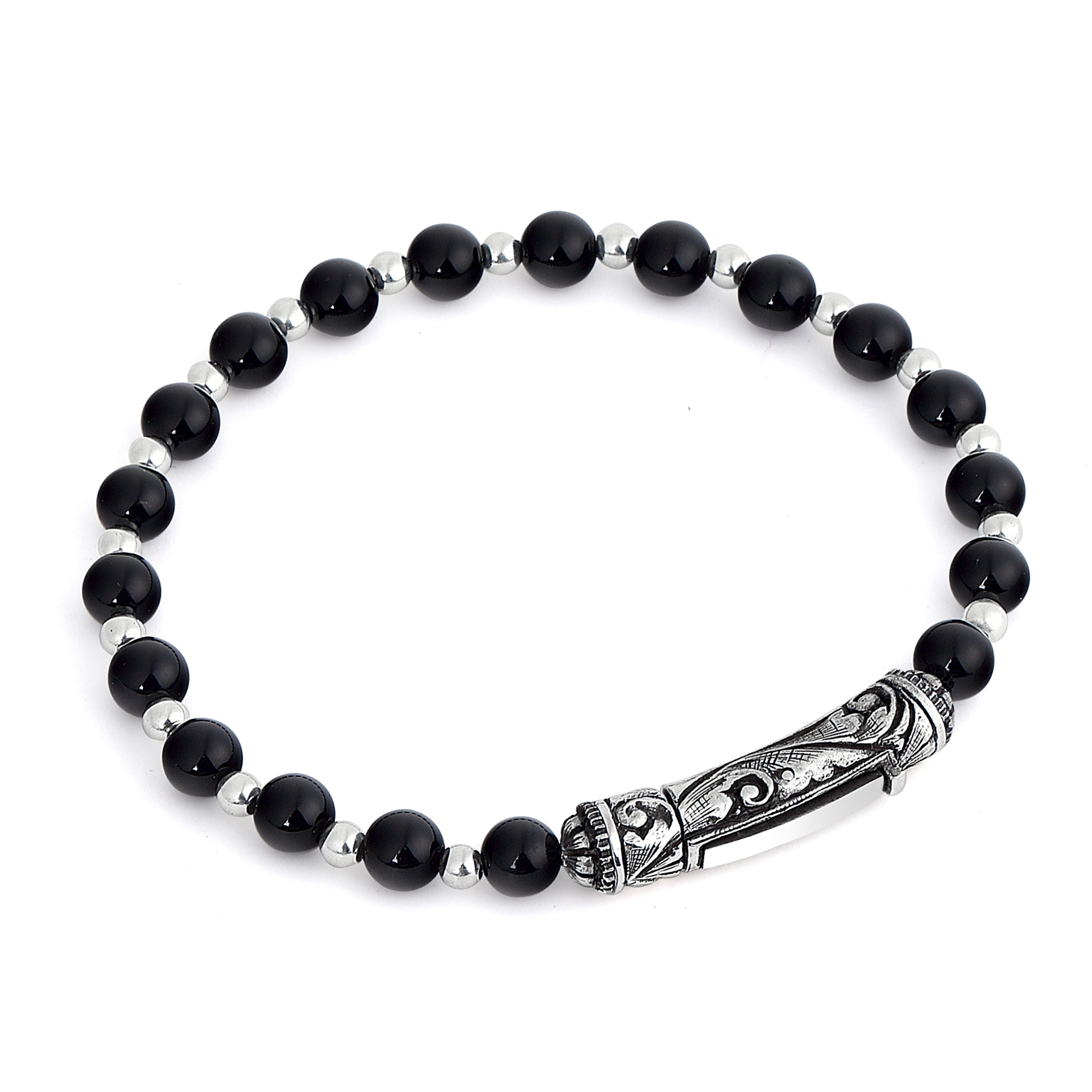 Single Lock M Engraved Siyah Erkek Gümüş Bileklik resmi